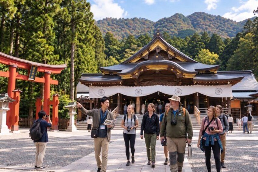Un temple japonais traditionnel, avec une porte torii rouge, entouré d’une végétation luxuriante et de montagnes. 3