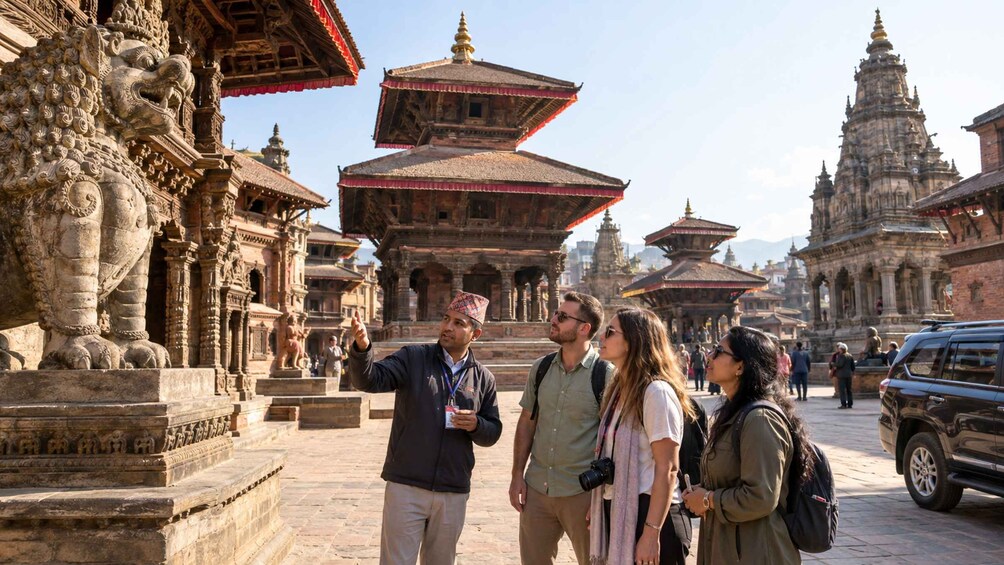 Tourists exploring ancient stone architecture with intricate carvings and tiered roofs. 3