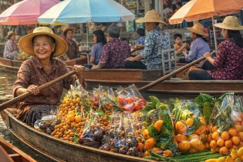 A person in a boat with a variety of fruits and vegetables. 1