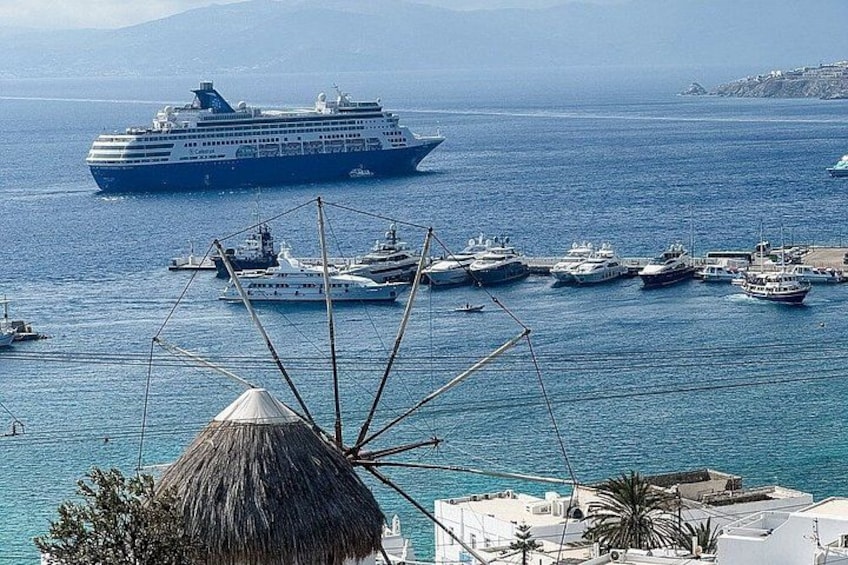 A cruise ship, several smaller boats, and a thatched-roof structure. 3