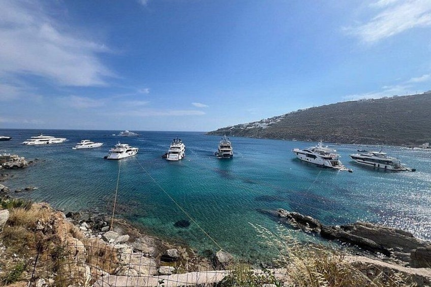 A coastal marina with several yachts anchored in clear blue waters. 5