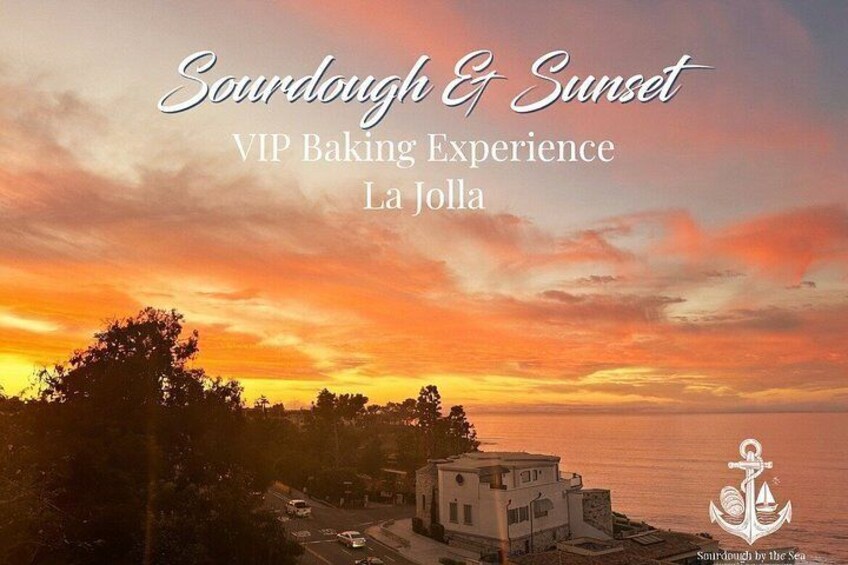 A sunset over a coastal town with text overlay. 1