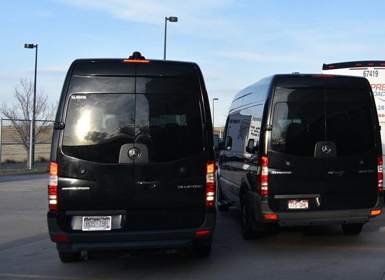 Two black Mercedes vans parked in a lot with visible license plates. 4