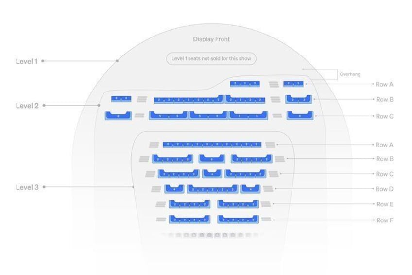 A seating layout with levels 1 to 3, rows A to F, and an overhang. 5