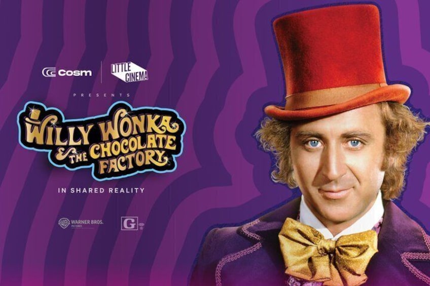 A promotional poster for 'Willy Wonka & the Chocolate Factory' with a character in a red top hat and bow tie. 1