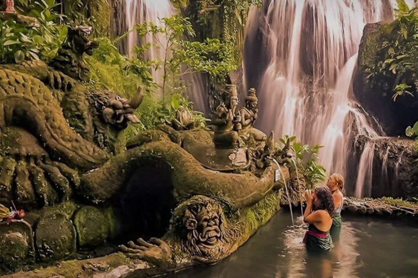Una cascada, una formación rocosa con grabados y una persona en el agua. 5