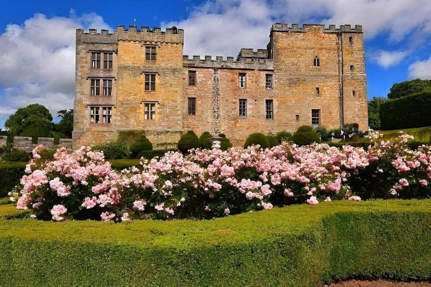 Un castillo con un jardín cuidado y flores rosas al frente. 2