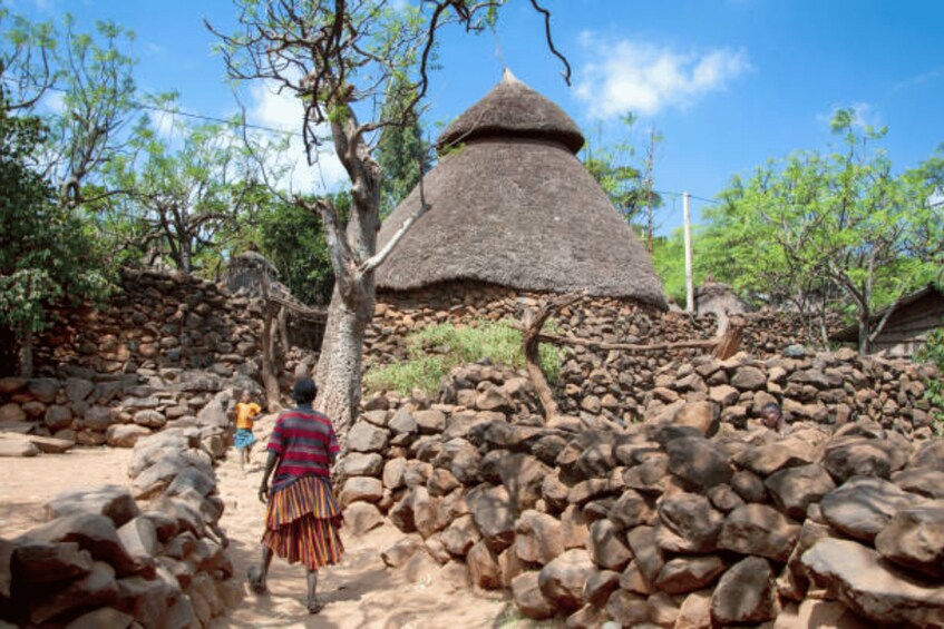 A rural landscape with a thatched-roof hut, a person walking, and a stone wall. 2