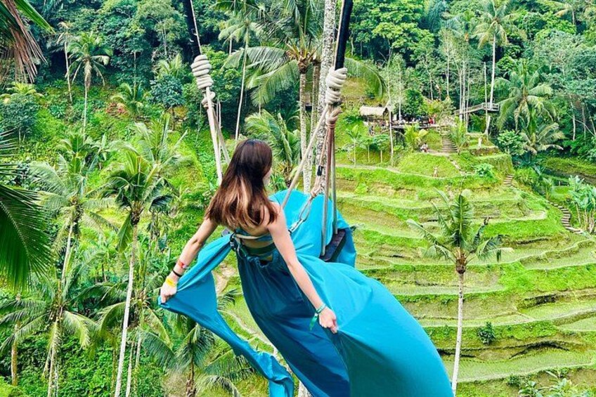 A person in a blue dress on a swing amidst lush green terraced fields. 3