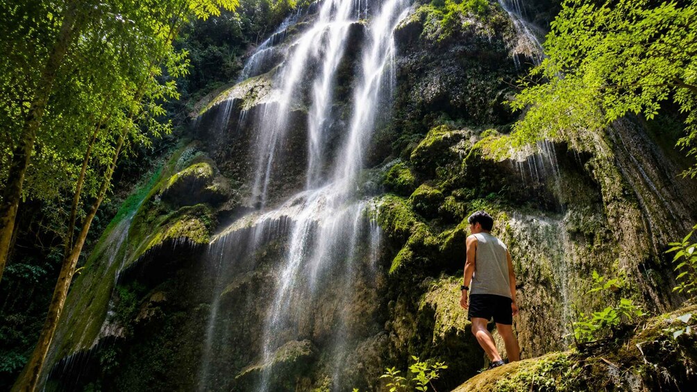 A waterfall in a forested area with a person standing on a rock. 4