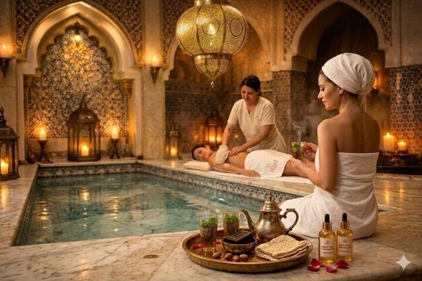 A spa setting with a pool, ornate wall decorations, and traditional Moroccan elements like a teapot and bottles. 5