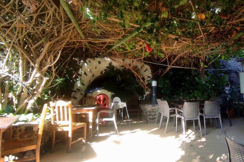 Un área de comedor al aire libre con un arco de piedra, sillas de madera y una mesa bajo un dosel de árboles. 3