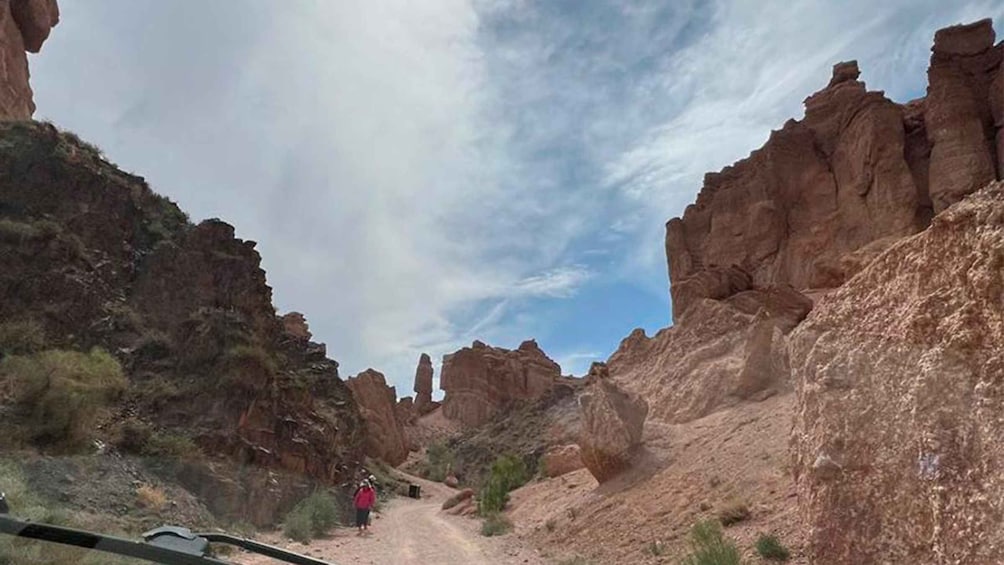 A narrow canyon path with rocky walls and sparse vegetation. 5