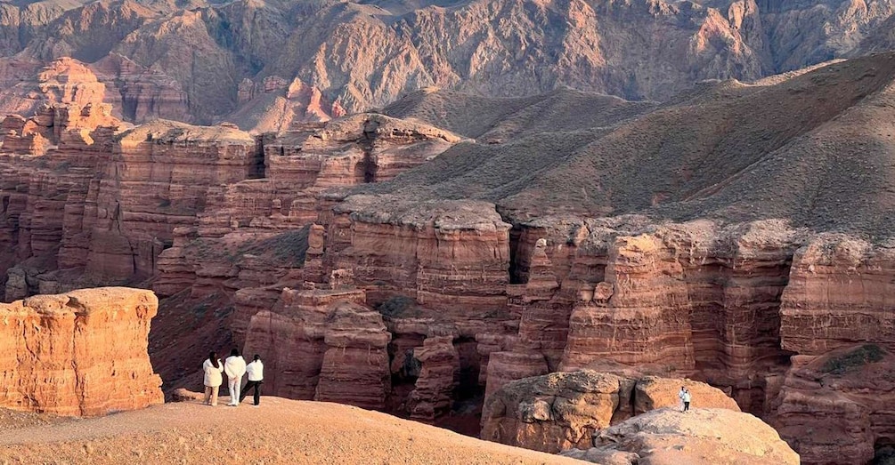 A group of people standing on a rocky outcrop with a canyon in the background. 1