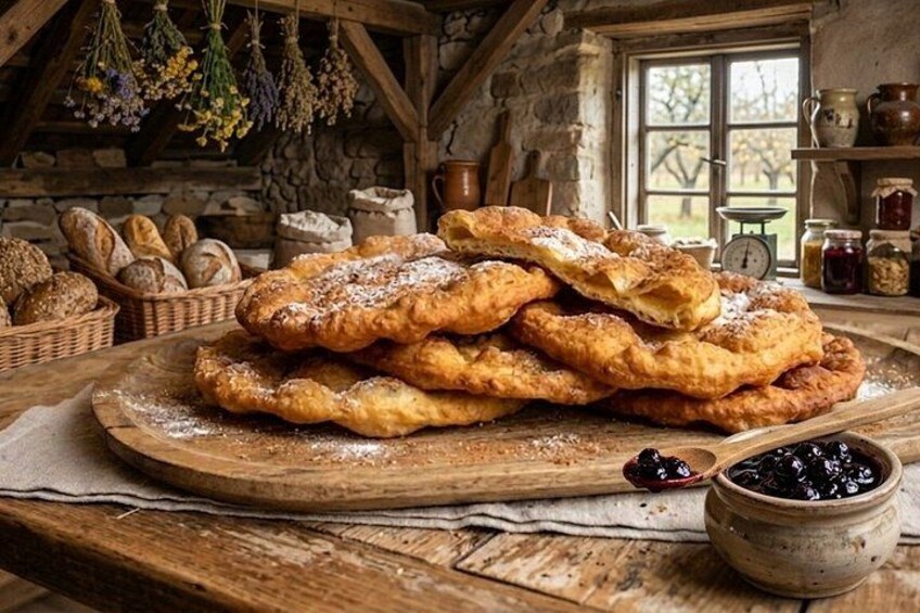 Un'accogliente cucina rustica con un tavolo di legno che mostra una pila di dolci fritti spolverati di zucchero a velo, una ciotola di mirtilli e vari prodotti da forno sullo sfondo. 2