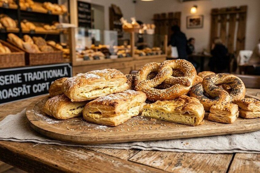 Una selezione di pasticceria su un tagliere di legno, tra cui pretzel e croissant, in una panetteria. 1