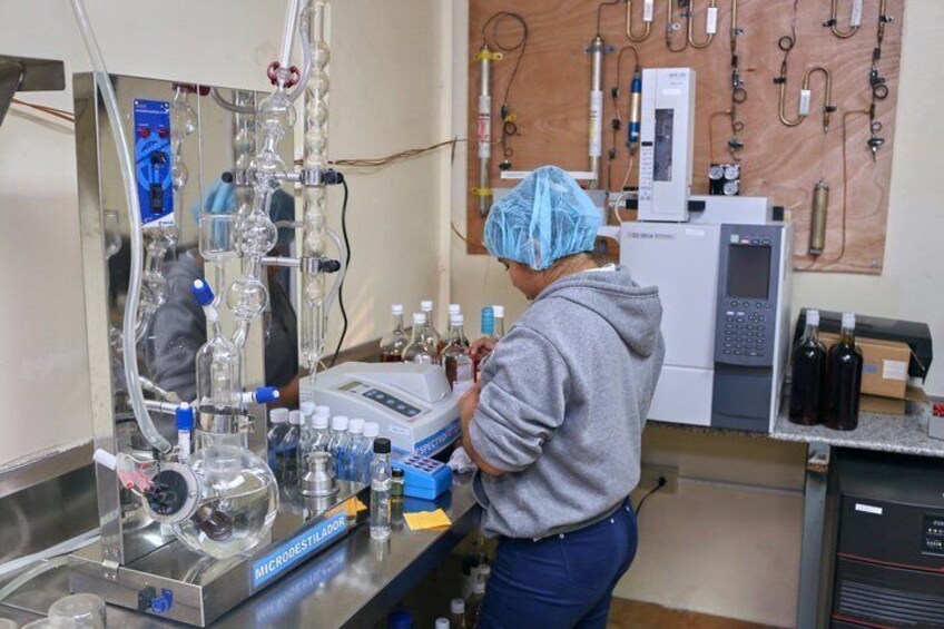 A laboratory with scientific equipment, a person in a blue cap working with samples, and a machine with a digital display. 4
