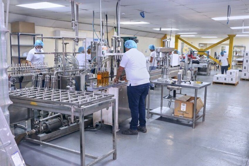 A food processing facility with stainless steel equipment and workers in white uniforms. 5