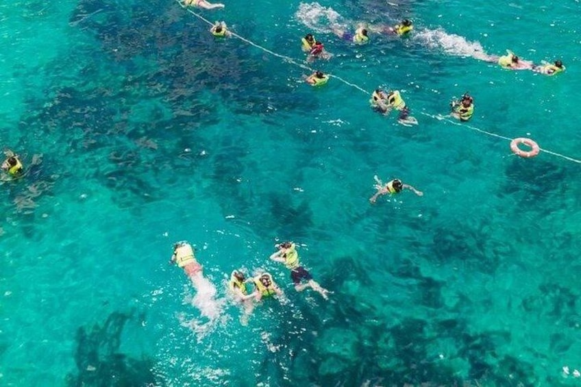 Menschen schwimmen in klarem, blauem Wasser, einige davon nutzen Schwimmreifen. 5