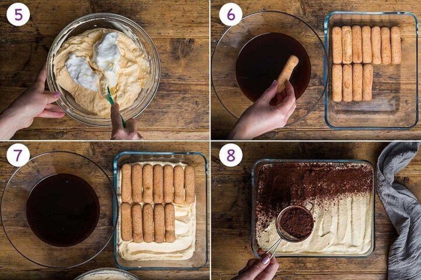 A four-step process of making a dessert with a creamy base and chocolate topping. 5