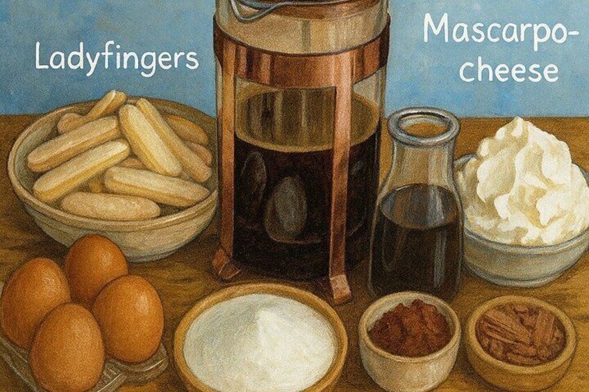 A table with various food items including ladyfingers, mascarpone cheese, eggs, flour, and a bottle of syrup. 4