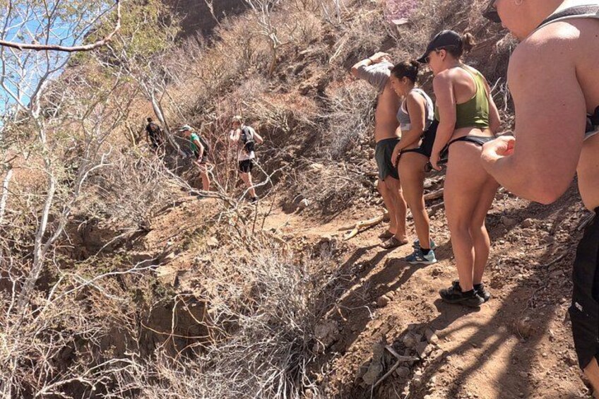 Un gruppo di persone che fa escursionismo su un sentiero roccioso circondato da vegetazione secca. 5