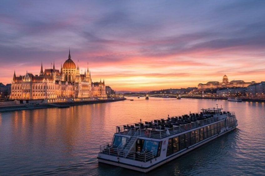 A riverboat on a river with a large historic building on the opposite bank. 1