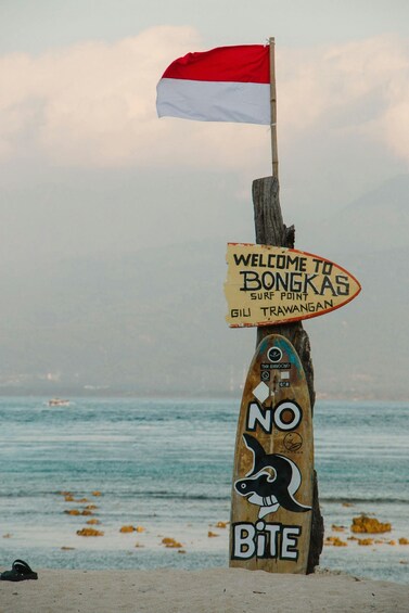 A wooden signpost with a flag, a welcome sign, and a 'No Bite' warning. 5