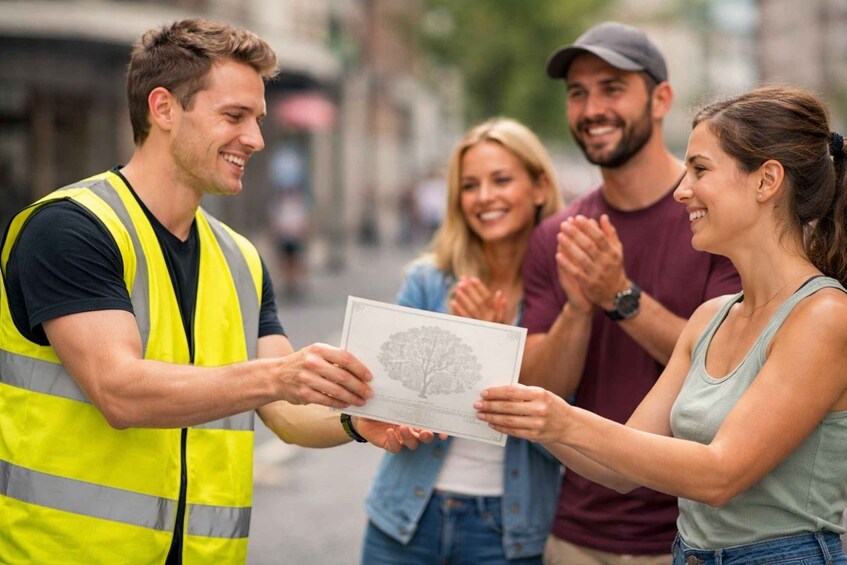 A person in a yellow vest handing a document to a group of people. 3