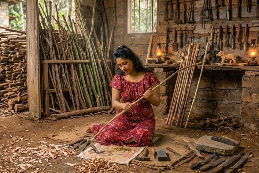 A person sitting on the ground, surrounded by wood shavings, tools, and a pile of bamboo. 1