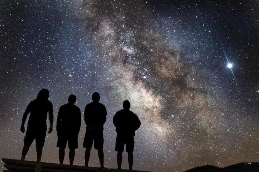 Silhouettes of people standing against a starry night sky. 1