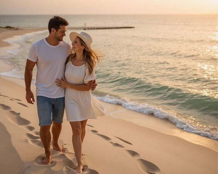 A couple walking on a beach with footprints in the sand and the ocean in the background. 3