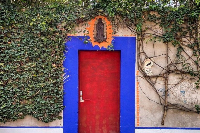Una puerta roja con marco azul, rodeada de follaje y una pared con grafitis. 4