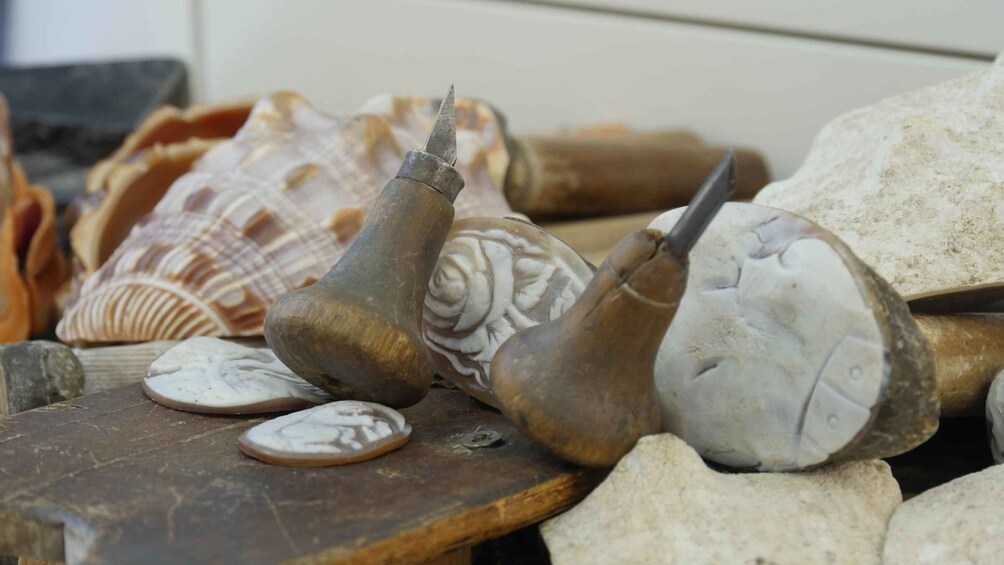 A collection of seashells and a conch shell on a wooden surface. 4