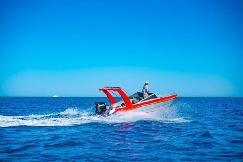 Een rode speedboot met één persoon op het water. 1