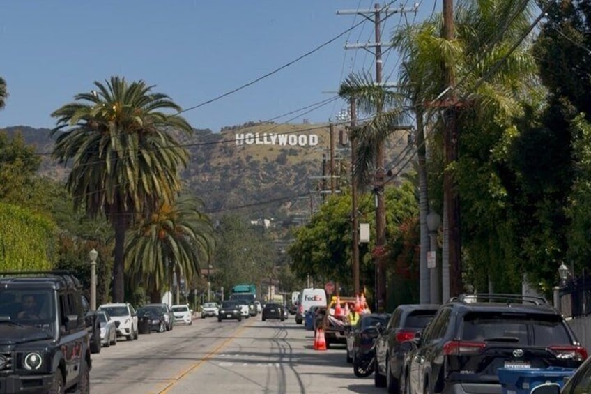 A street lined with palm trees and parked cars, with a large 'Hollywood' sign in the background. 1