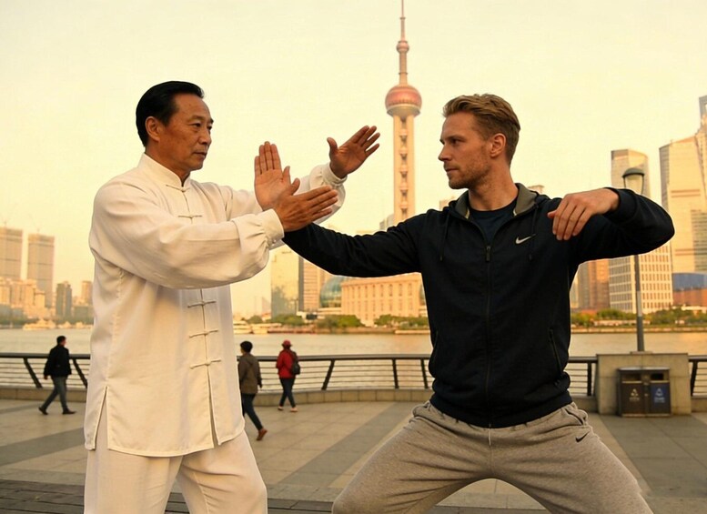 Two individuals practicing martial arts in an urban setting with a prominent tower in the background. 1