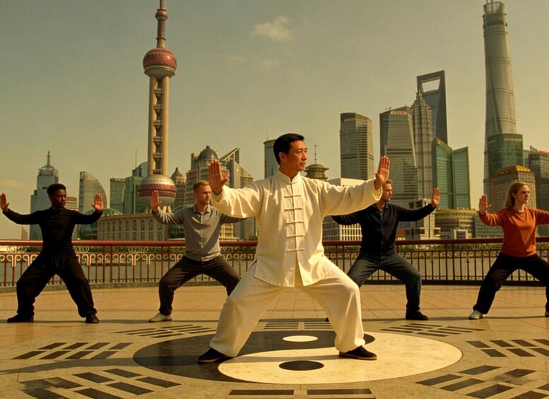 A group performing martial arts in an urban setting with modern skyscrapers in the background. 2