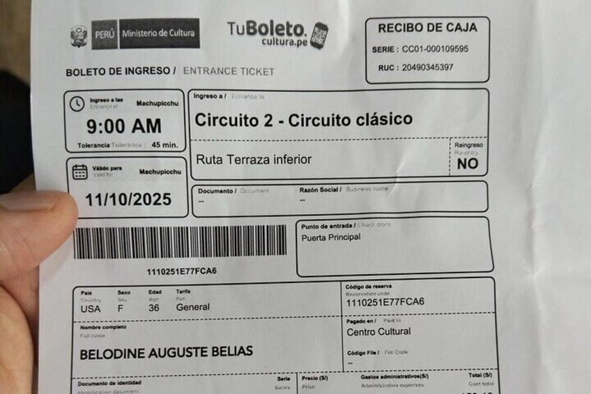 A travel ticket with details like entry time, route, and ticket number. 2