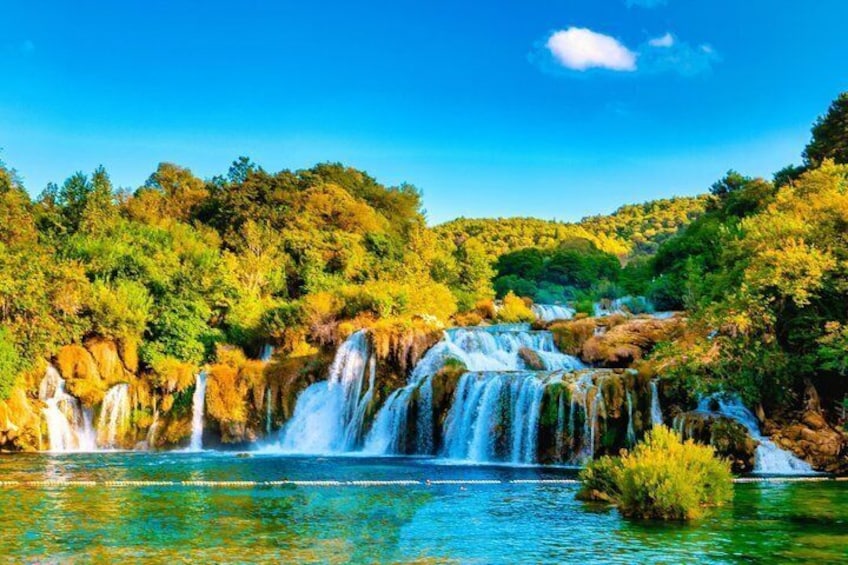 A waterfall cascading into a clear pool surrounded by lush greenery. 4
