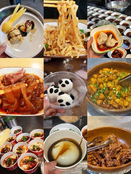 A variety of Asian dishes including noodles, dumplings, and a dessert with a panda design. 2