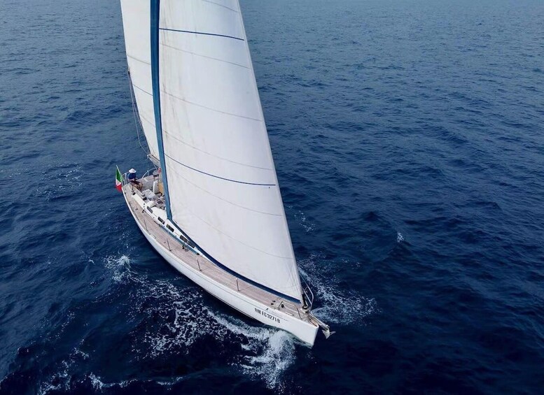 A sailboat with a white hull and a large white sail, sailing on a body of water. 5