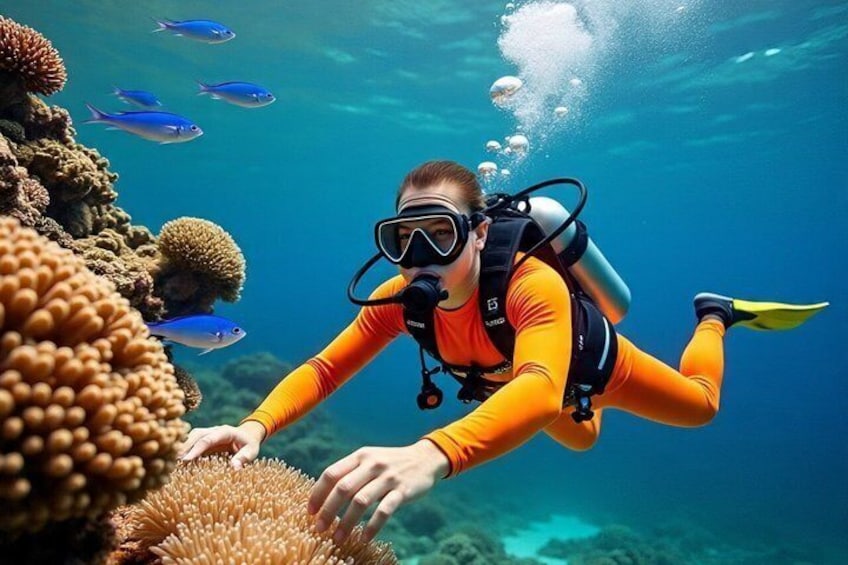 A person scuba diving with coral and fish in the background. 1