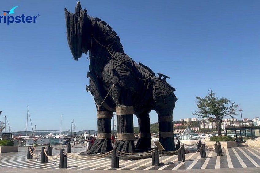 Una gran estatua de un caballo en una plaza pública con cielo despejado y edificios al fondo. 5