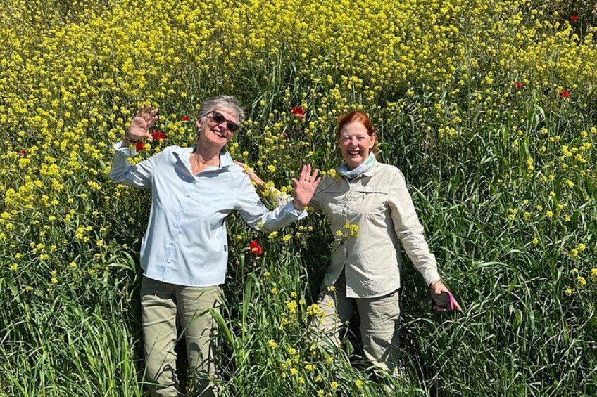 Dos personas de pie en un campo lleno de flores amarillas, con algunas flores rojas entre ellas. 2