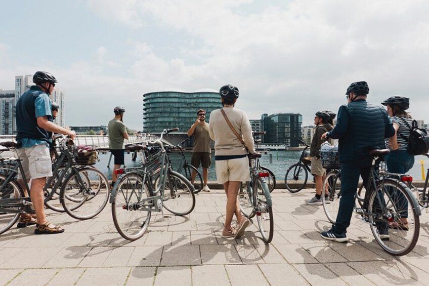A group of people with bicycles by a waterfront, some taking photos. 1