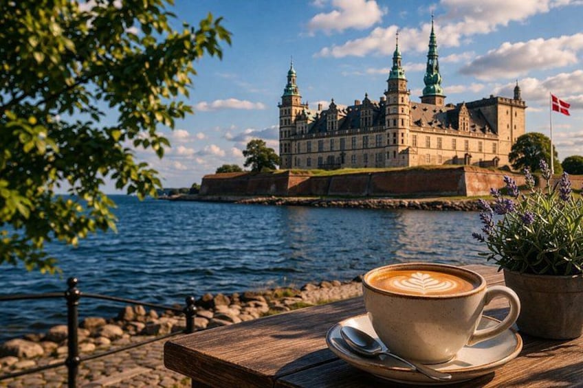 A wooden table with a cup of coffee and a plant, overlooking a castle by the water. 1