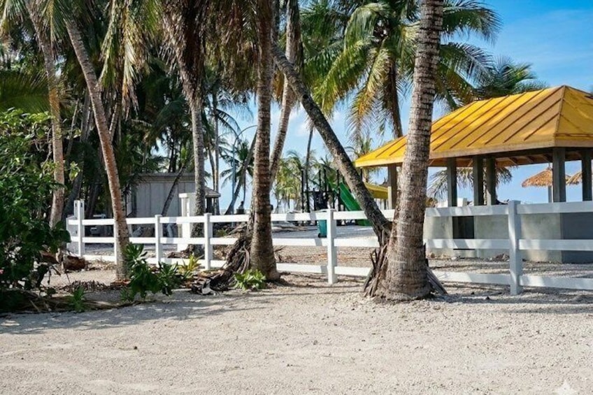 A beach with palm trees, a white fence, and a yellow-roofed structure. 5