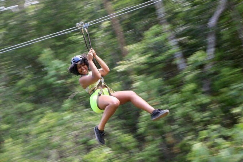 A person zip-lining through a forest. 1