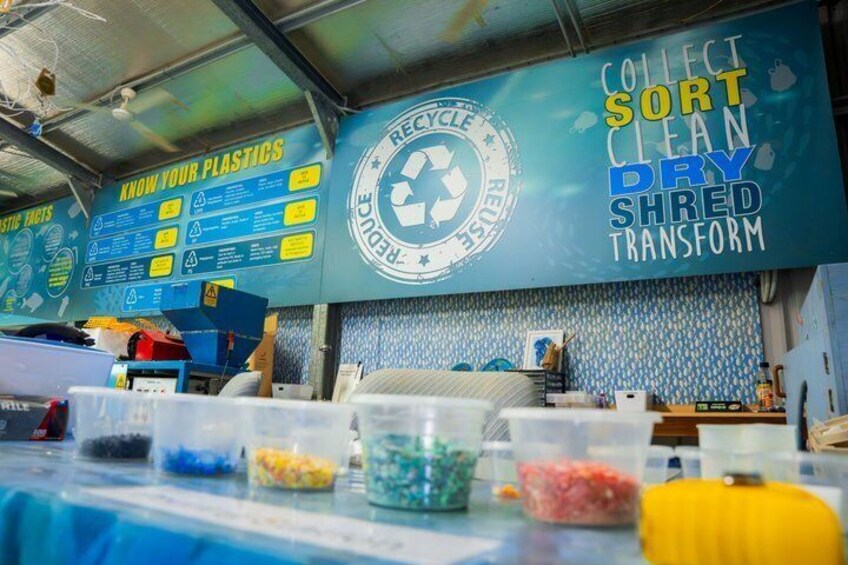 Een inzamelpunt voor recycling met bakken voor verschillende soorten plastic en een bord met de tekst: 'Verzamel, sorteer, maak schoon, laat drogen, versnipper, transformeer'. 3